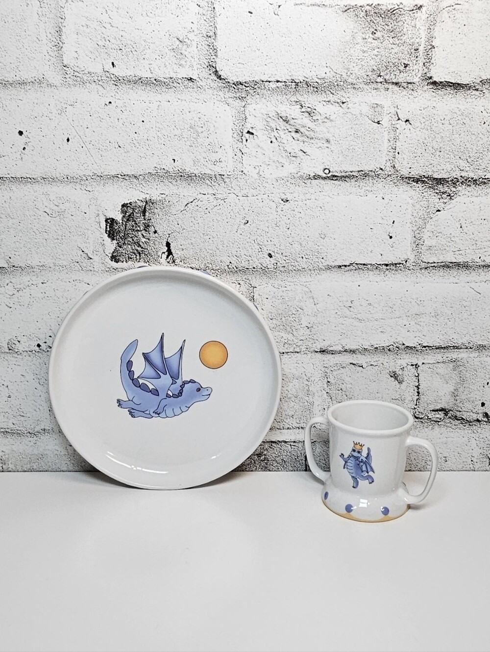 Vintage IKEA Smaskig Dragon Plate and Double Handle Cup Set 1999 Retired